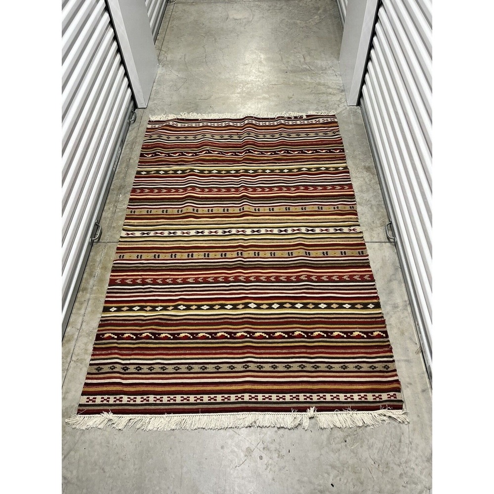 Vintage Hand-Woven Tribal Striped Wool Afghan Kelim Area Rug 54" x 85"